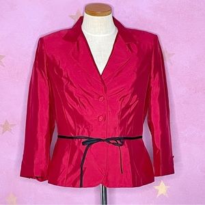 Kay Unger 100% Silk Red Fitted Blazer Jacket Black Tie Belt Women’s Size 8